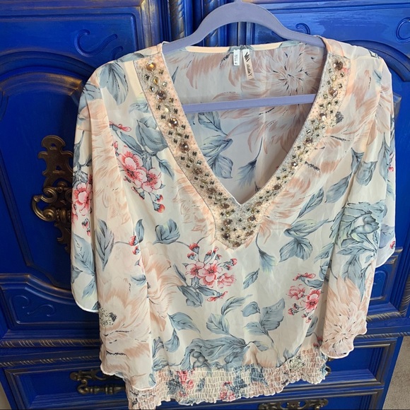 Studio Y Tops - Studio Y Sheer Floral Jeweled Neckline Top XL